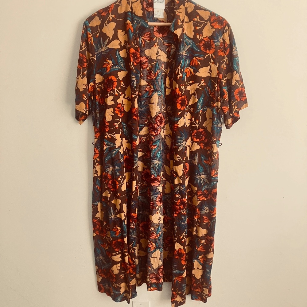 Vintage Brown and Green Floral Patterned Duster Shirt Dress